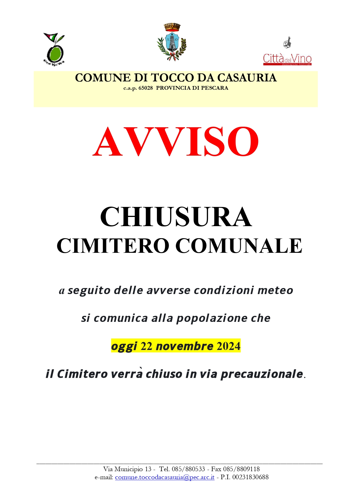 AVVISO CHIUSURA CIMITERO COMUNALE